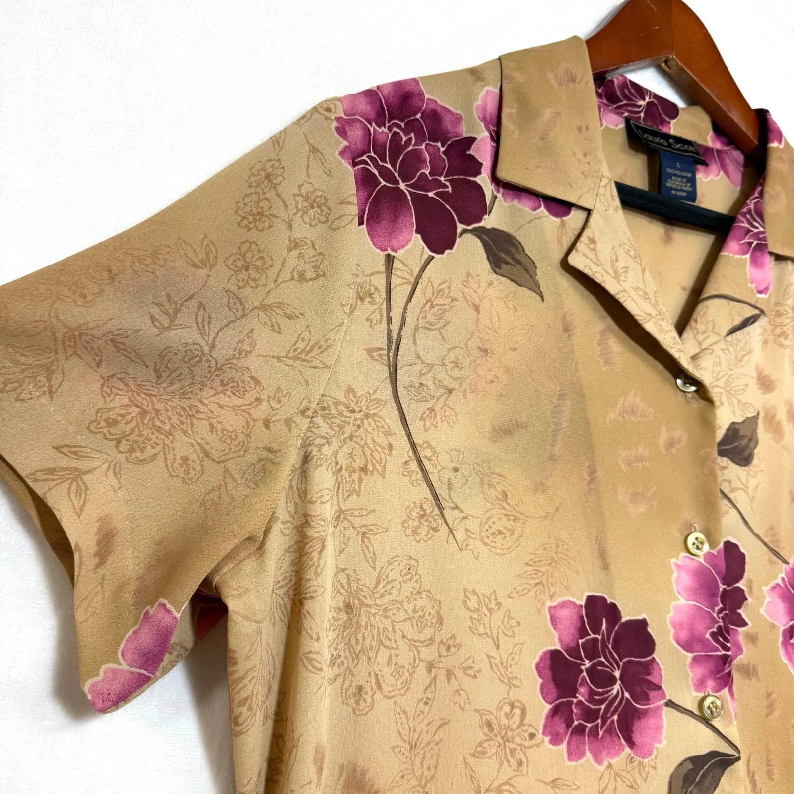 Vintage Laura Scott L Short Sleeve Floral Print Top Pink Buttons Grandma Cottage - Image 2