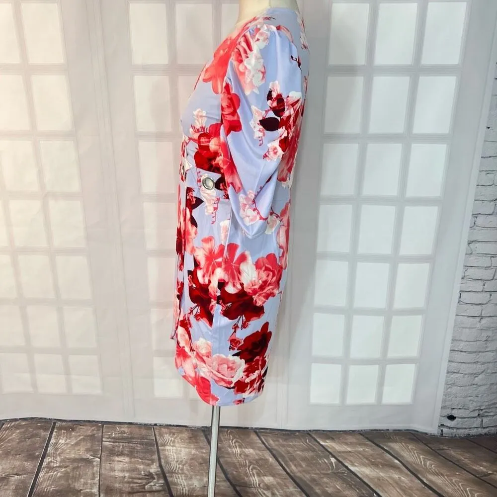 Venus light blue floral short puff sleeve grommet cutout waist summer party dres - Image 8