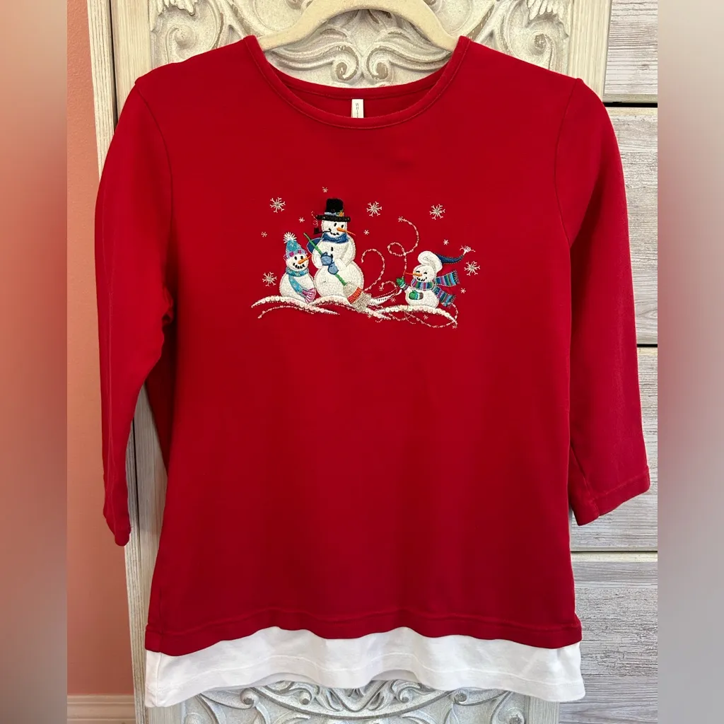 VTG Y2K 90s DIY look Grannycore embroidered snowman whimsical Xmas layered top S - Image 2