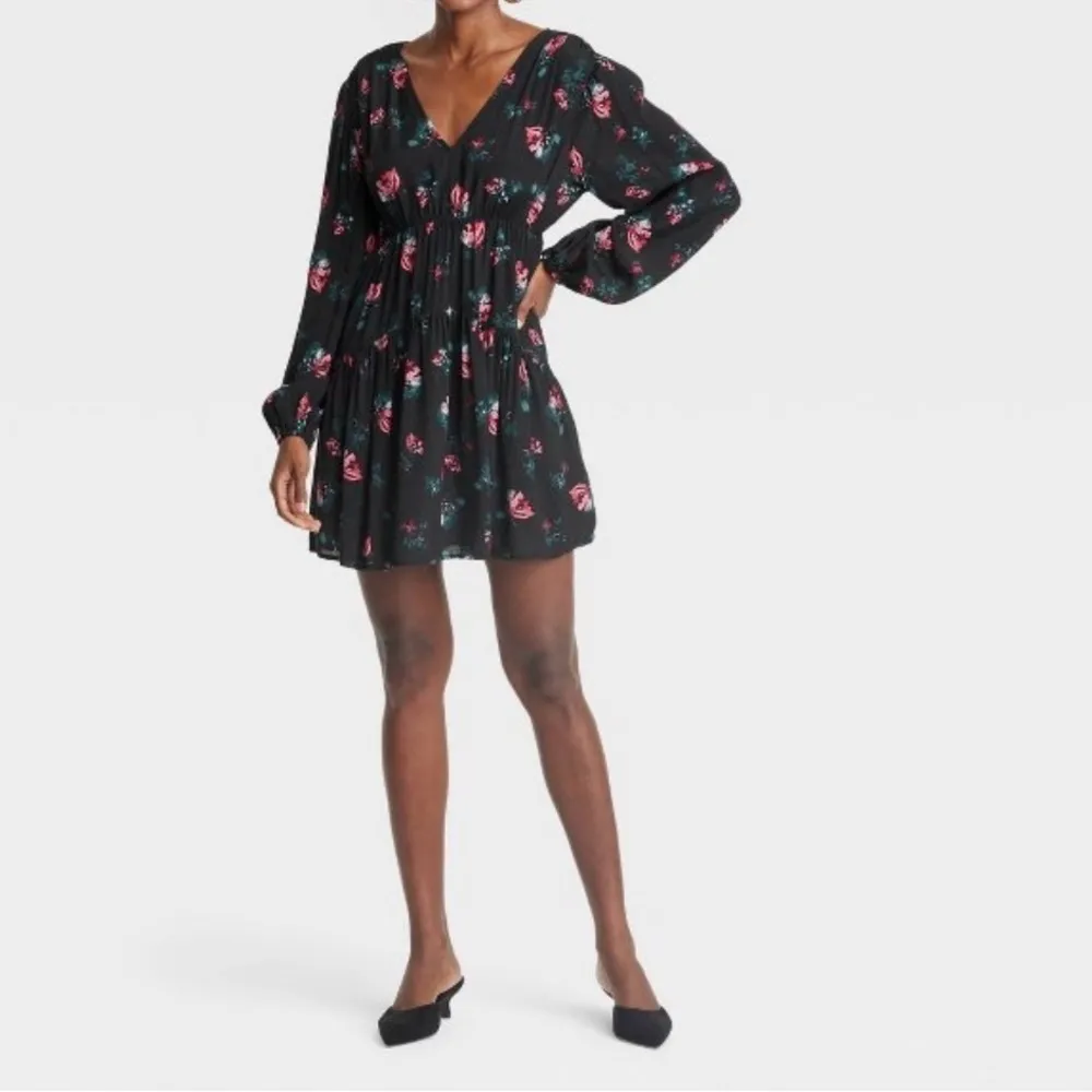 A New Day Black Floral Long Sleeve Mini Dress Large - Image 6