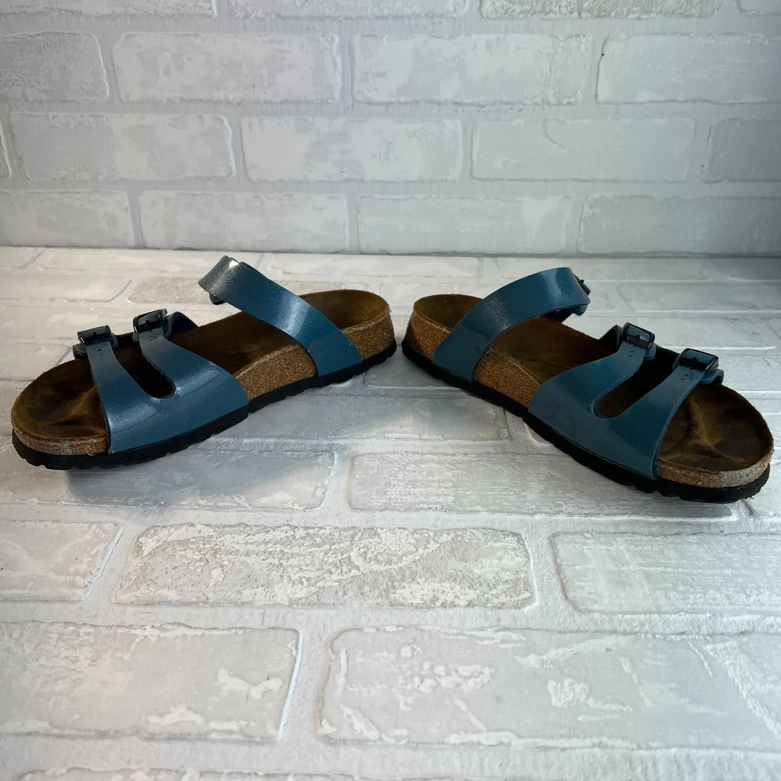 Birki's Birkenstock Florida Sandals 38 W7 N Blue Shimmer 3-Strap Buckle M5 Comfy - Image 11