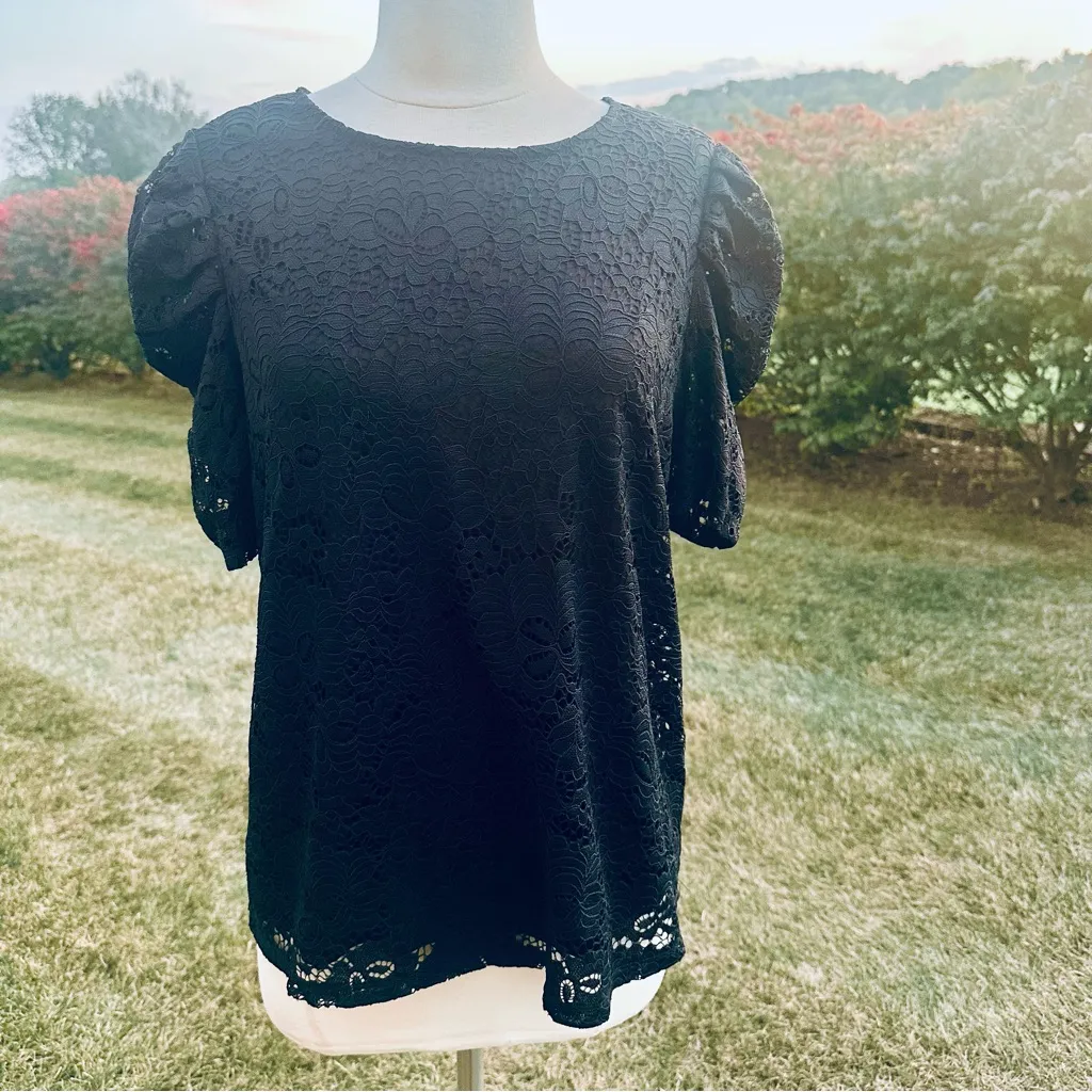 Adrianna Papell Black Lace Blouse Puff Sleeves Size M - Image 3