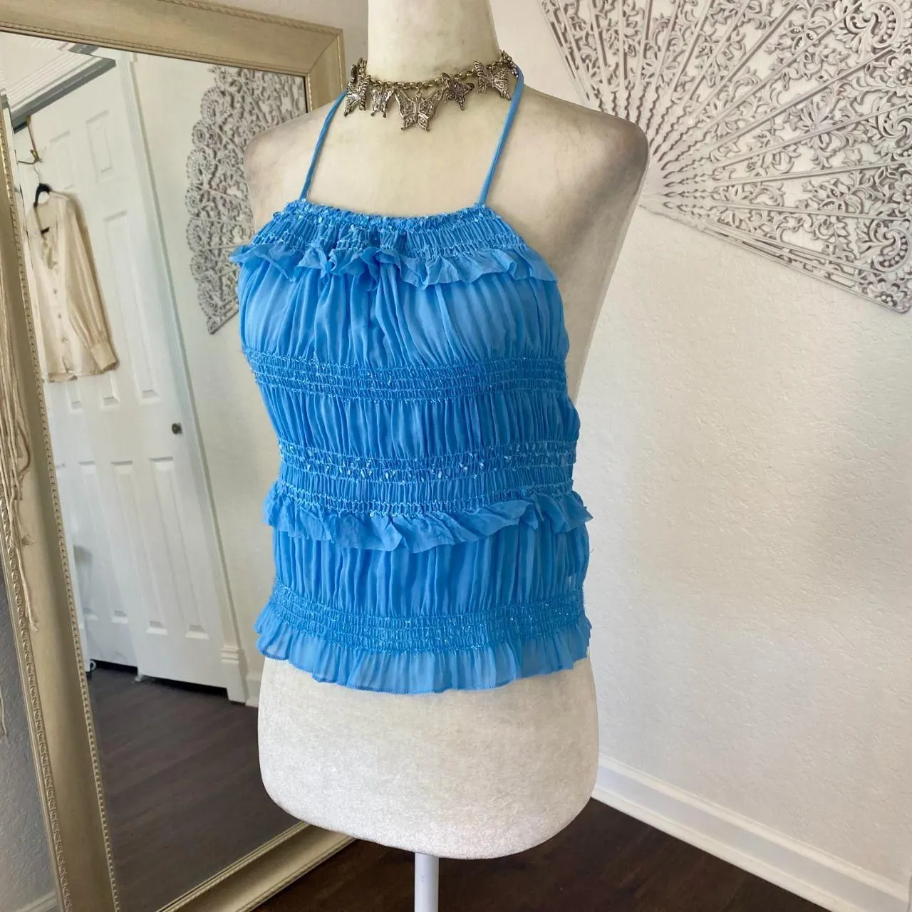 Early 2000's Blue Glitter Ruffle Frilly Cropped Open Back Halter Top M Size M - Image 3