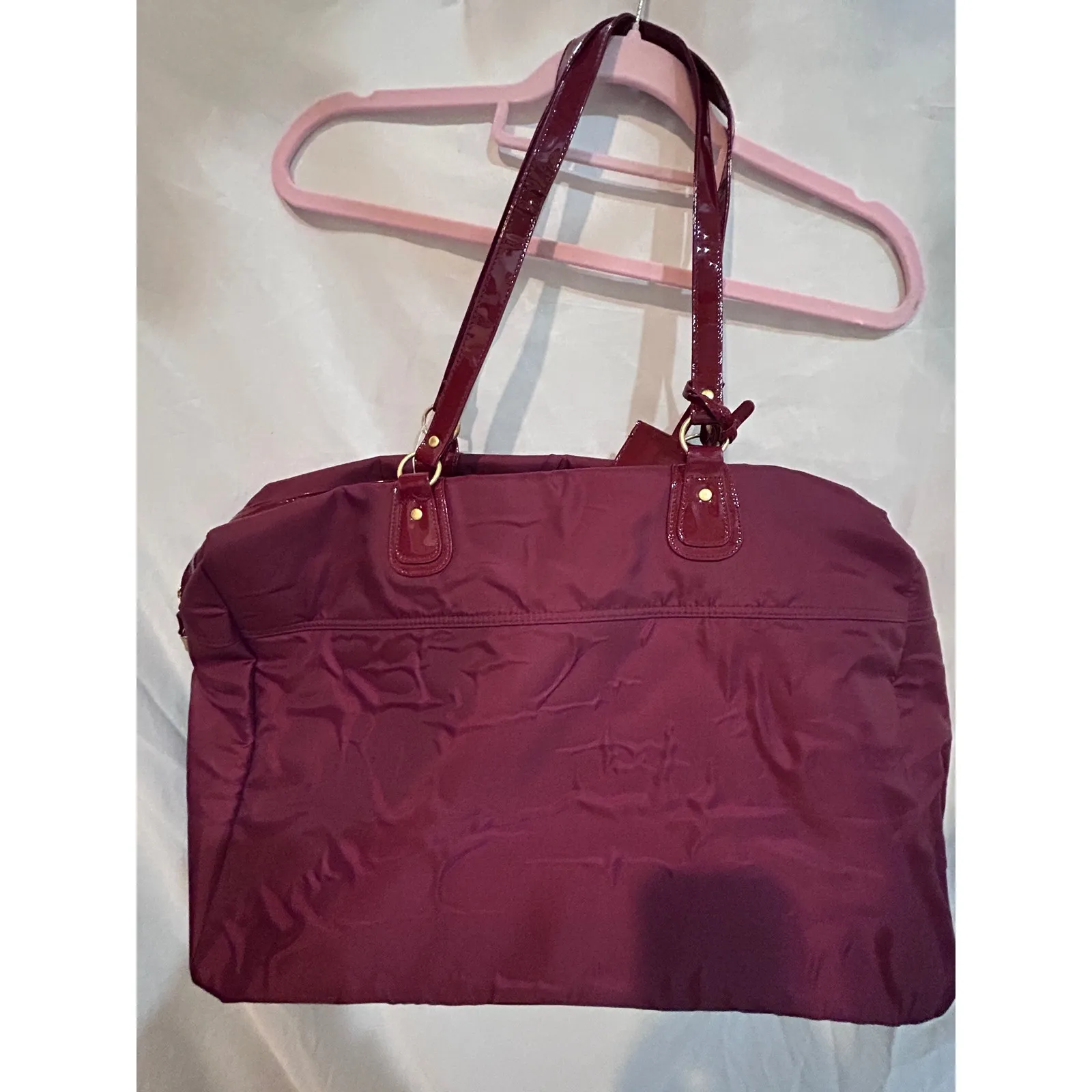 Estee Lauder Burgundy Nylon Patent Leather Trim Tote Bag Travel Weekender - Image 2