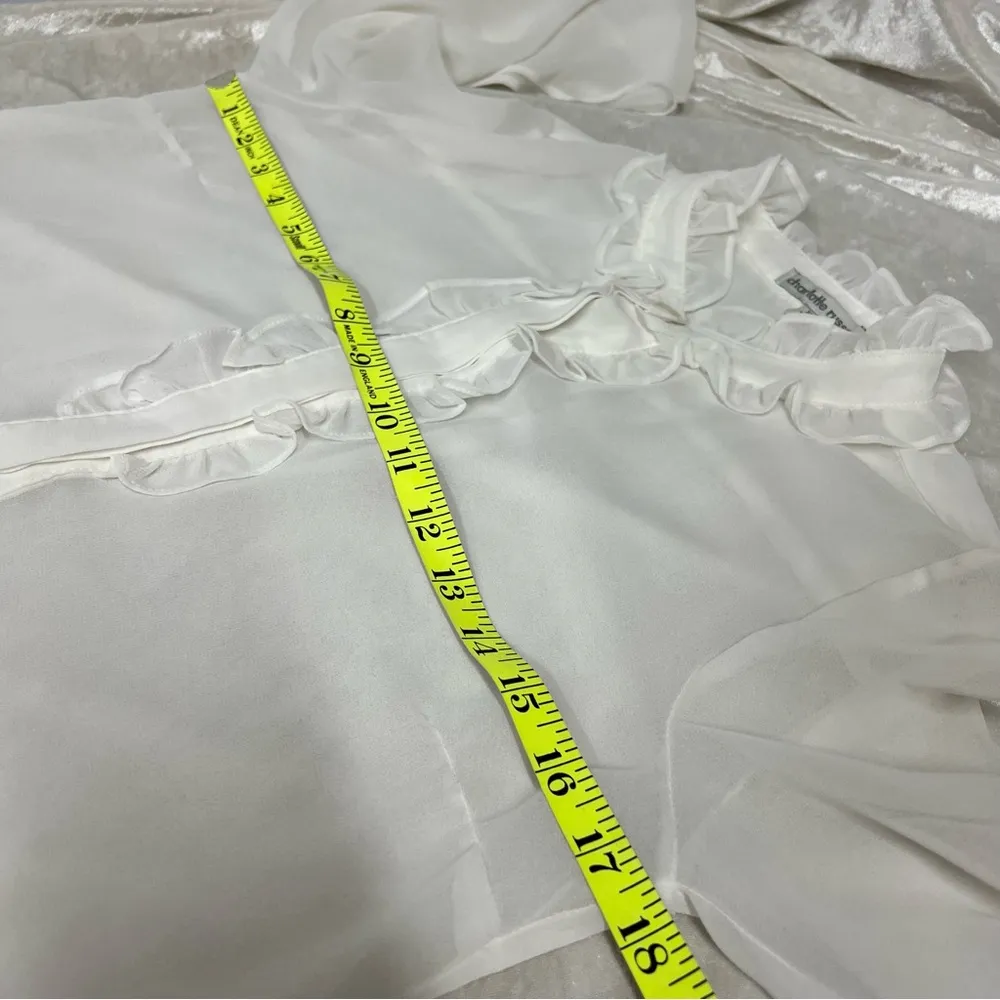 Victorian xs ruffled button down off white sheer ruffle blouse FLAWED - Image 7