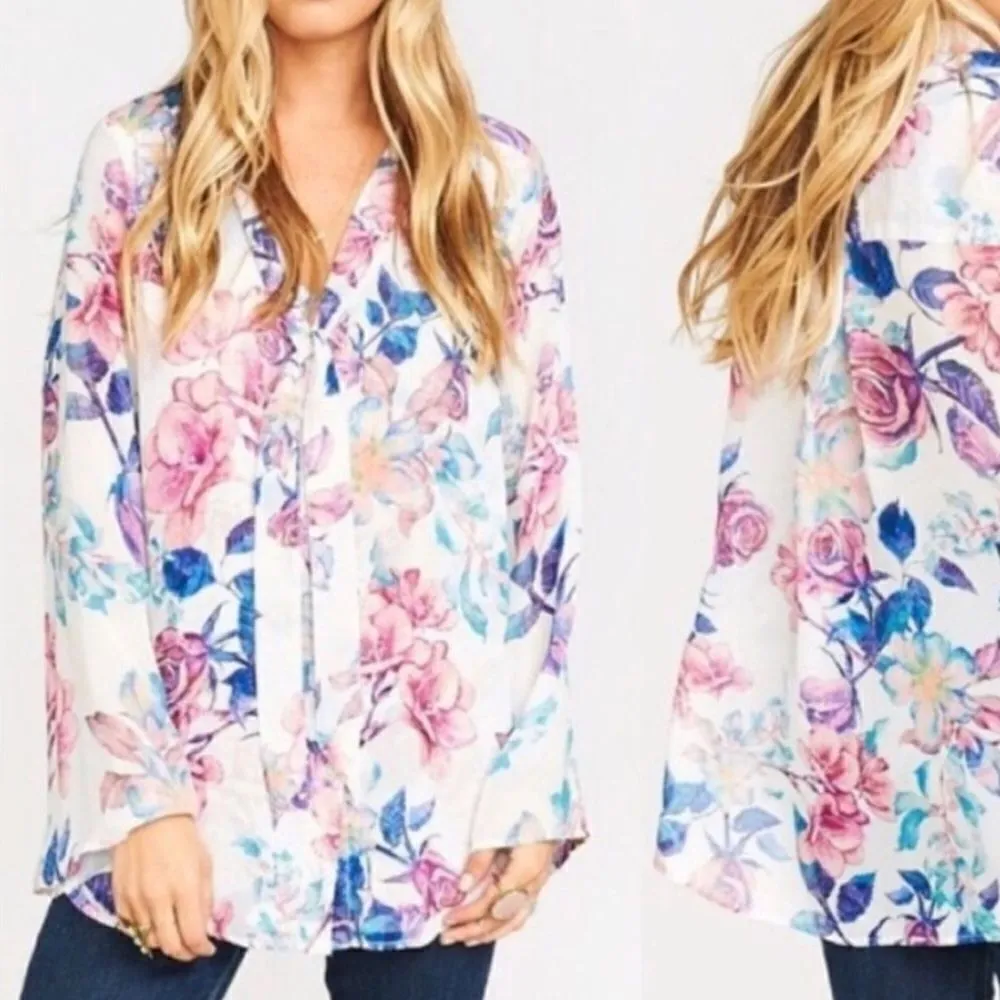 NWT White Floral Tie Neck Blouse - Image 2