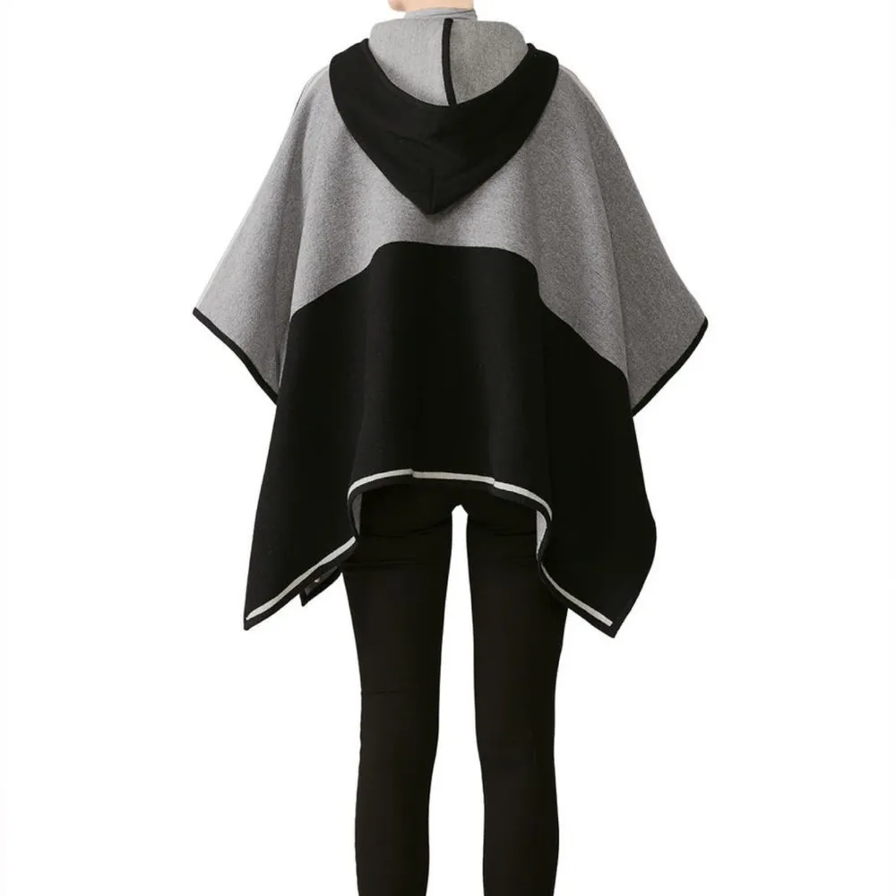 Lady Cape Colorblock Poncho Black Grey Lace Up Neckline Wool OSFM Western - Image 3