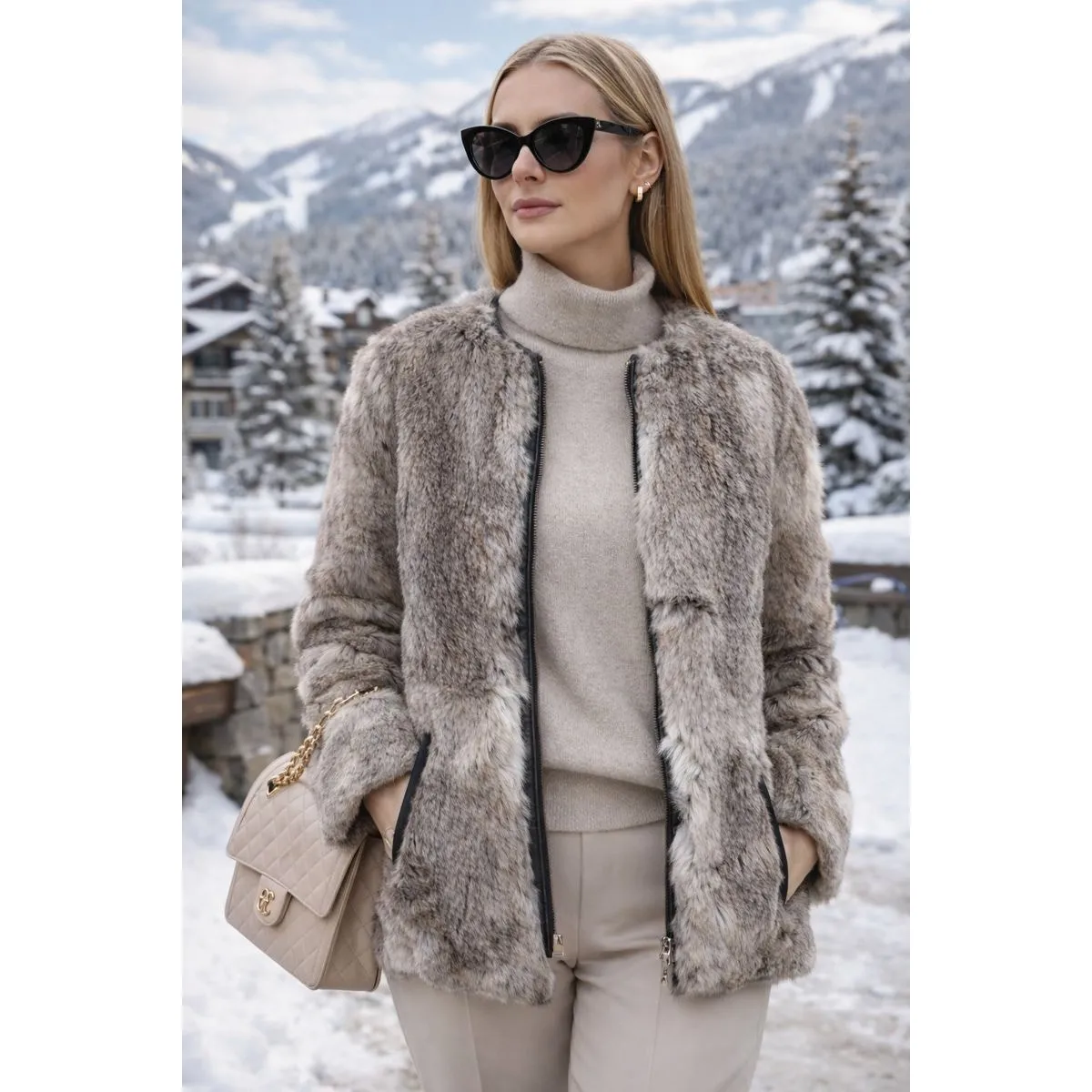 Vintage Genuine Fur Short Jacket Gray Taupe Leather Trim Zip Front Luxury Coat Tan Size M - Image 3