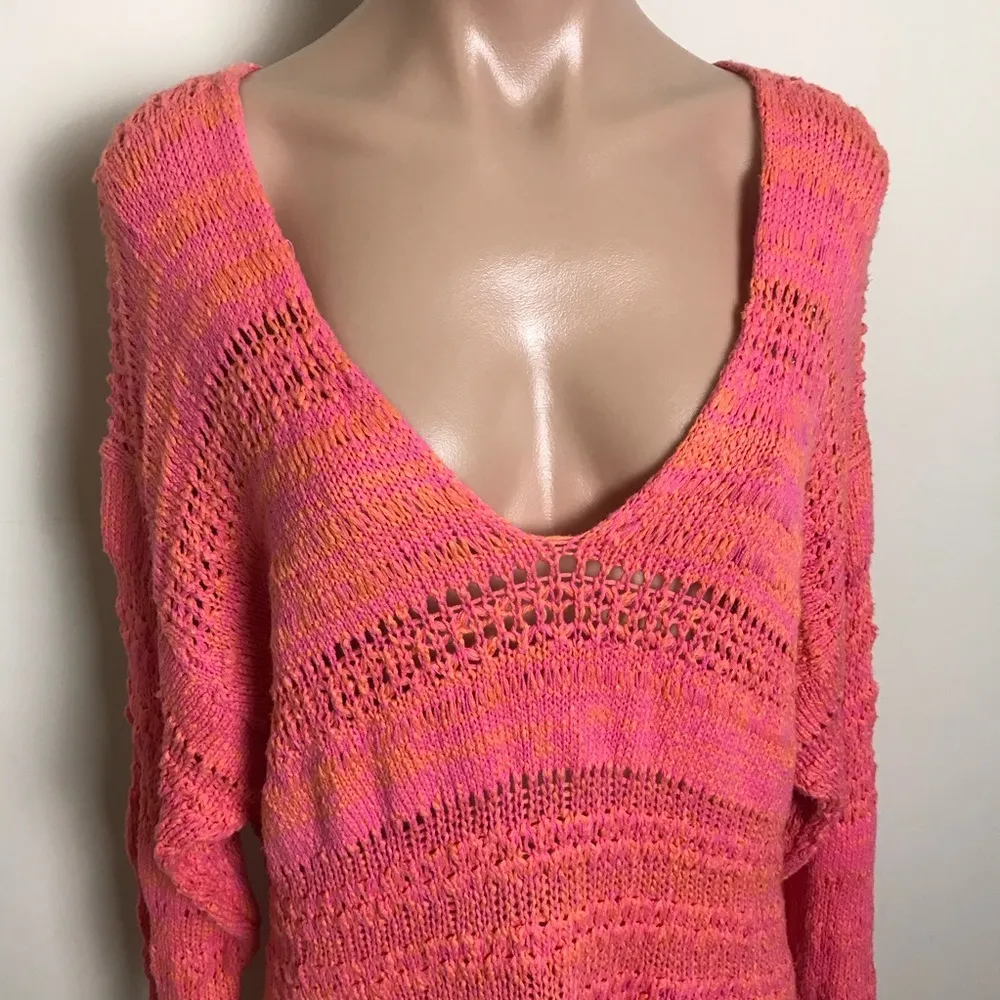 Free People Hot Tropics Paloma Combo Knit Sweater Pink Orange Stripe Coral - Image 3