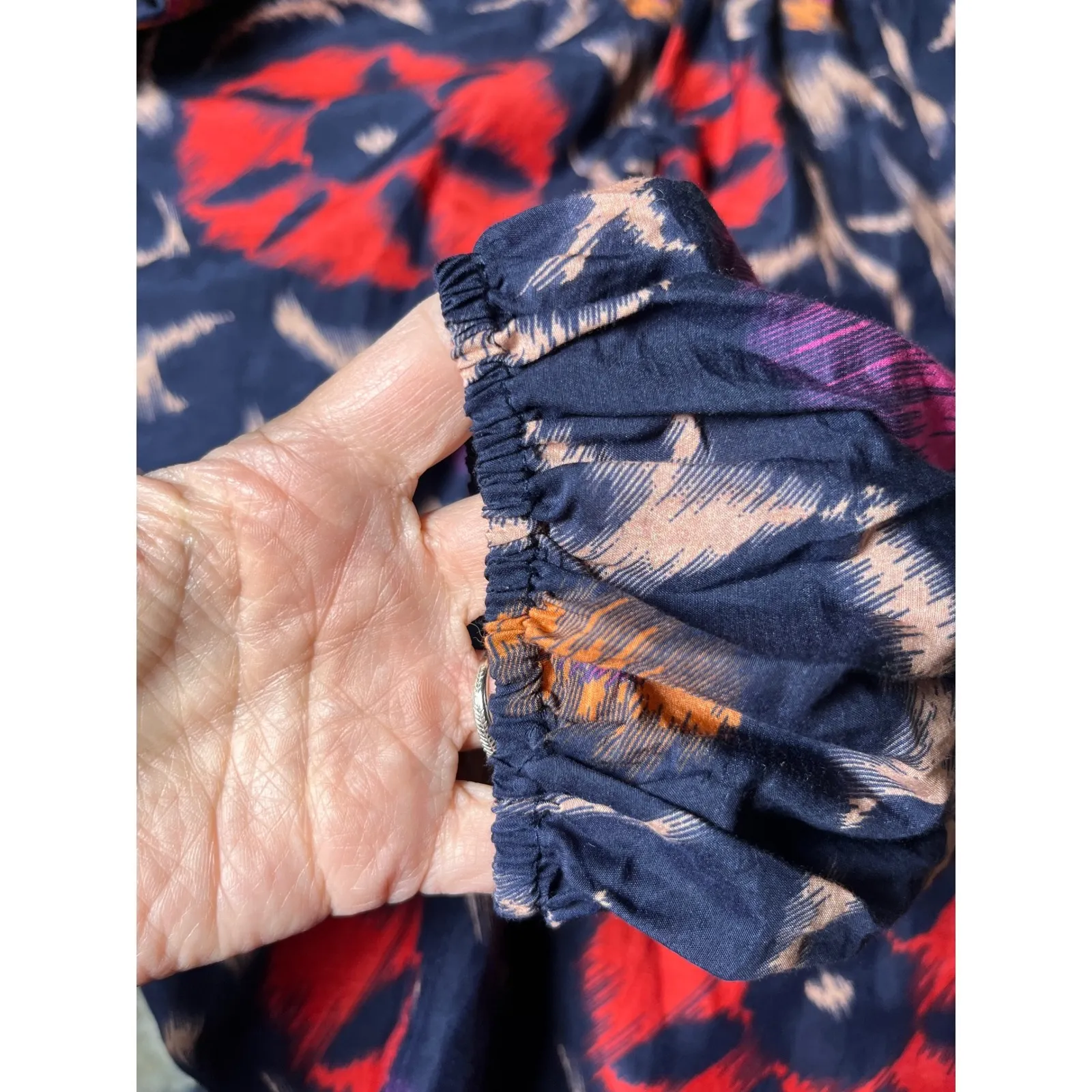 Boho Ikat Print Blouse Silk Cotton Navy Coral‎ Velvet by Graham Spencer XS Blue - Image 11