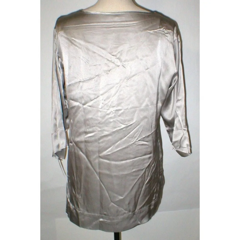 New Womens Designer Josie Natori Silk Blouse Top S NWT Silver Long Sleeves NWT - Image 2