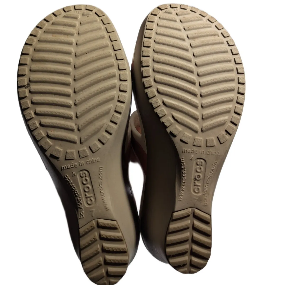 Crocs Shima Pink White Double Strap Taupe Wedge Heel Comfort Slide Sandals Sz 7 - Image 5