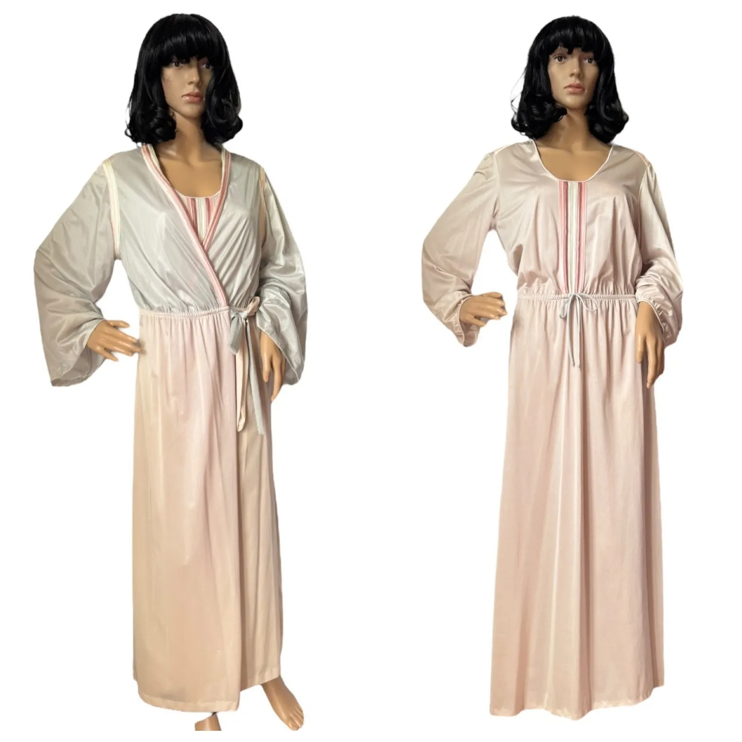 Vintage 1970s Sears Pink & Grey Satin Robe Nightgown Set medium Gray - Image 2