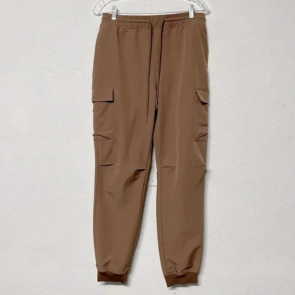 Hedge neutral cargo joggers medium pants unisex windbreaker material drawstring Tan - Image 2