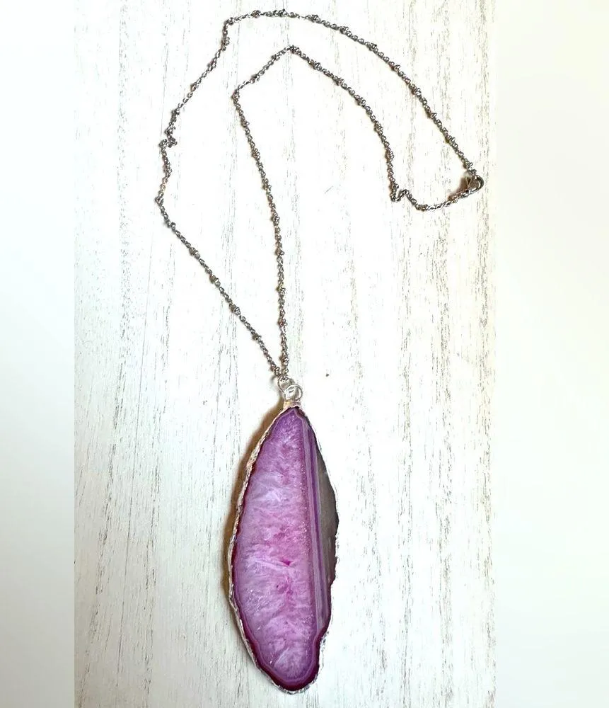 Necklace Pink Agate Geode Slice Silver Leaf Pendant Jewelry - Image 5