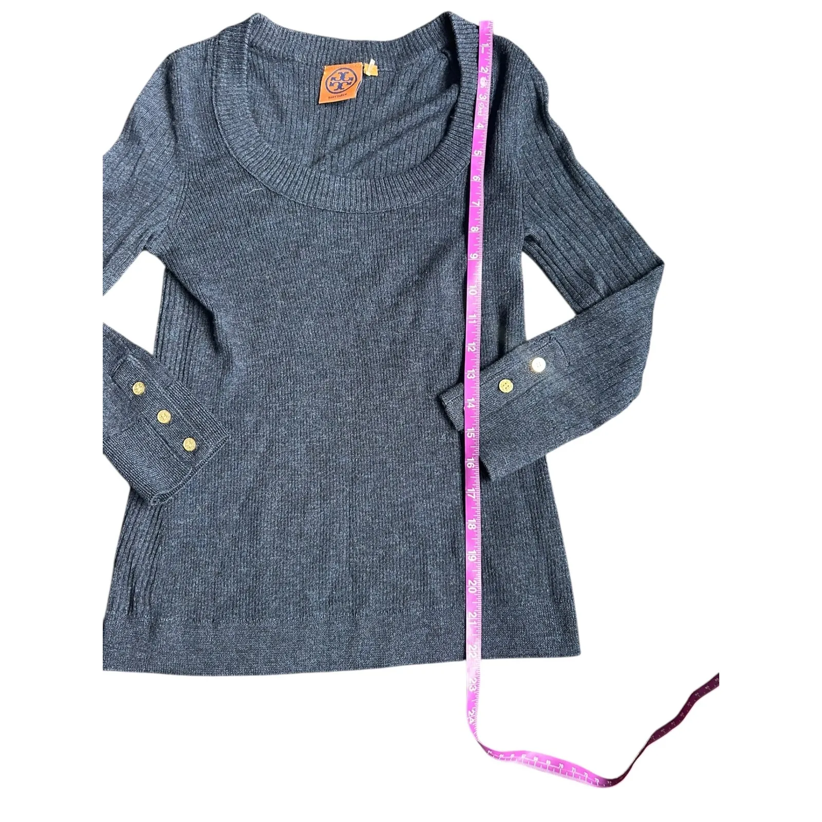 Tory Burch Ribbed Merino Wool Long Sleeve Sweater Crew Neck Navy Blue Size S - Image 4