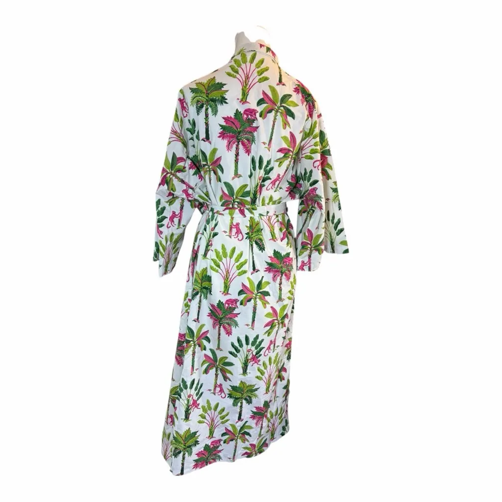 Women's Printfresh White Pink Palm Tree Monkey Robe M - Image 4