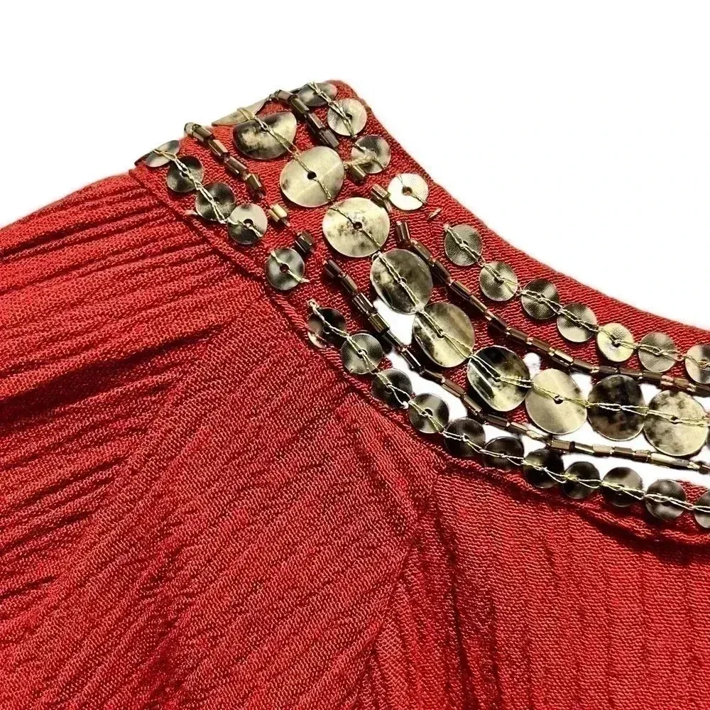 En Crème Burnt Red Front Tie Blouse Beaded‎ Collar Size Medium - Image 6