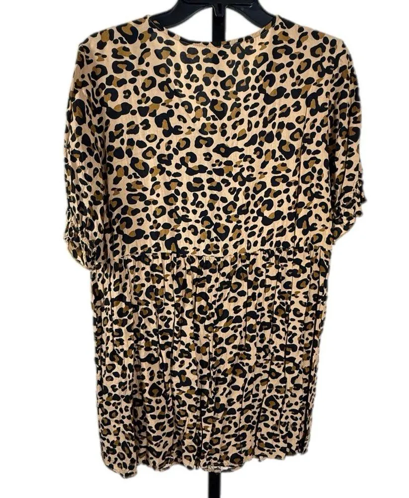 Animal Print Button Front Babydoll Top Short Sleeve Relaxed Fit Tunic Medium Tan - Image 2
