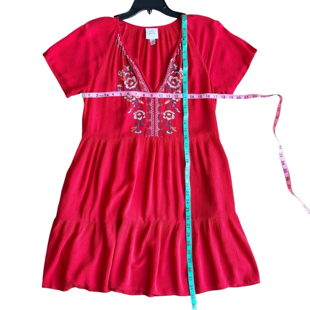 Knox Rose Boho Floral Embroidered Red Swing Dress Casual V-neck Short Sleeve XS - Image 7