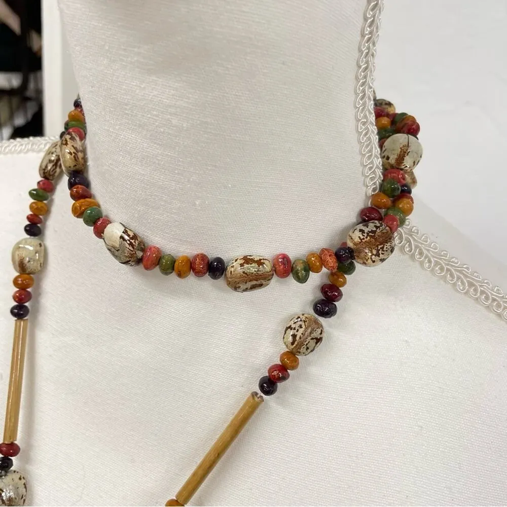 Plastic Bead Multicolor Long Strand Boho Necklace Brown - Image 4