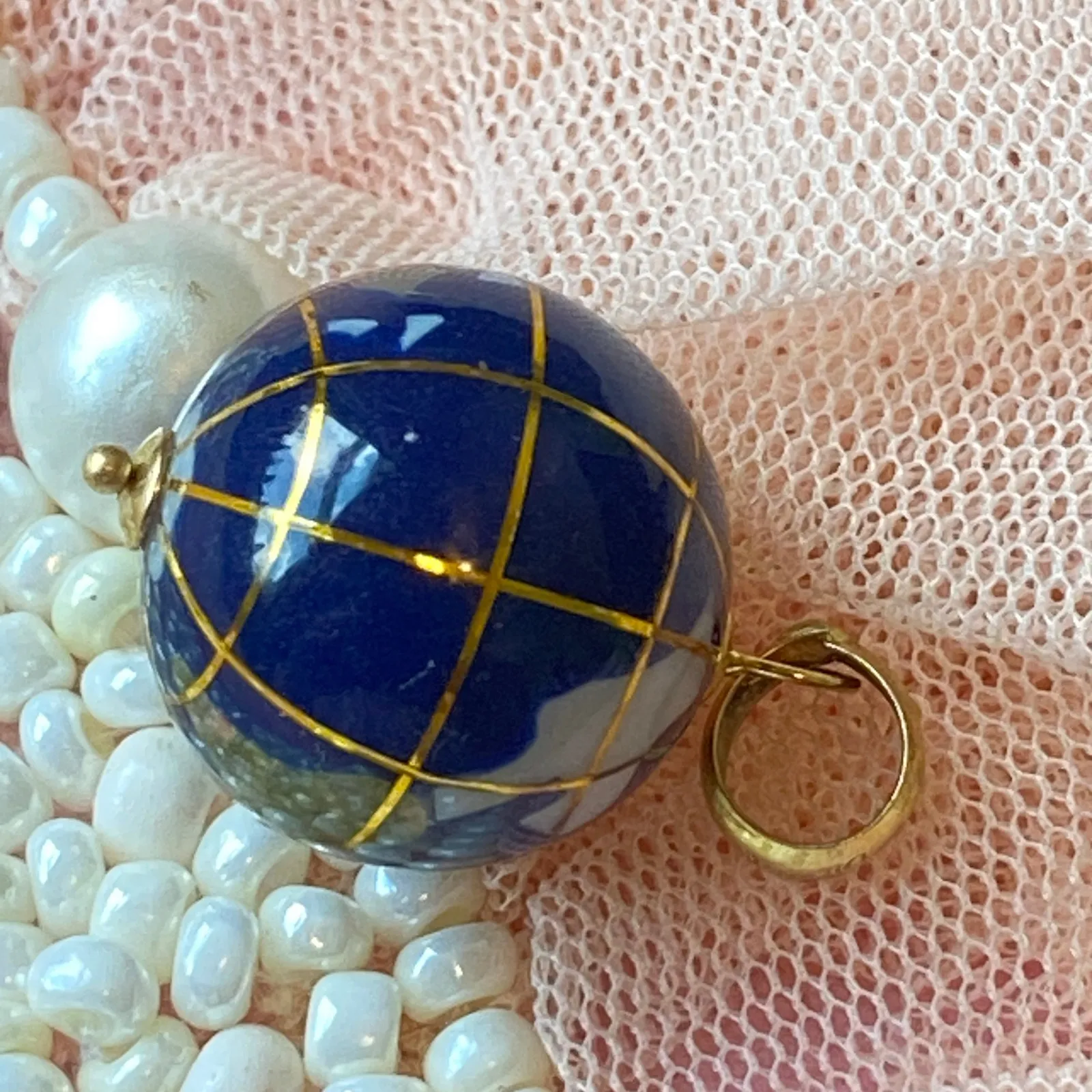 14k Gold Globe Charm Pendant Lapiz Lazuli Vintage Travel Unique Nautical World Blue - Image 10