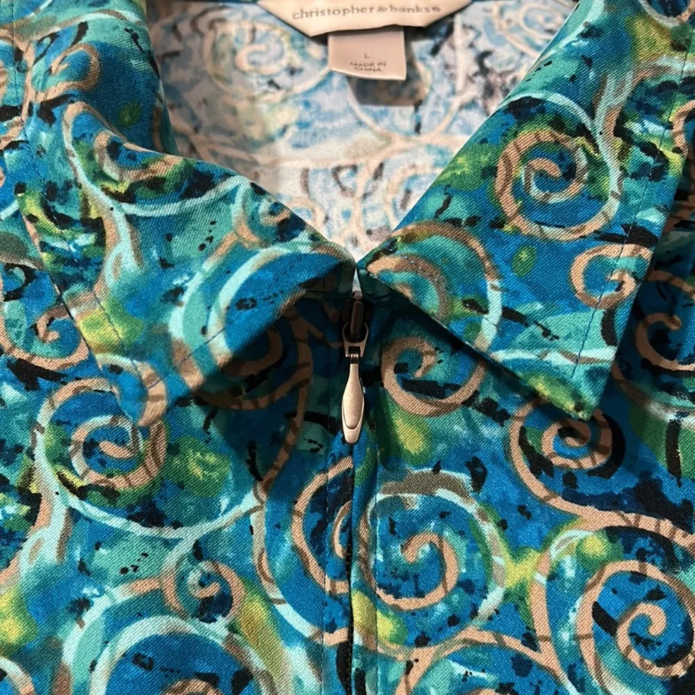 Christopher & Banks Stretch Teal Swirl Jacket Full Front Zip Womens Size L - Image 3