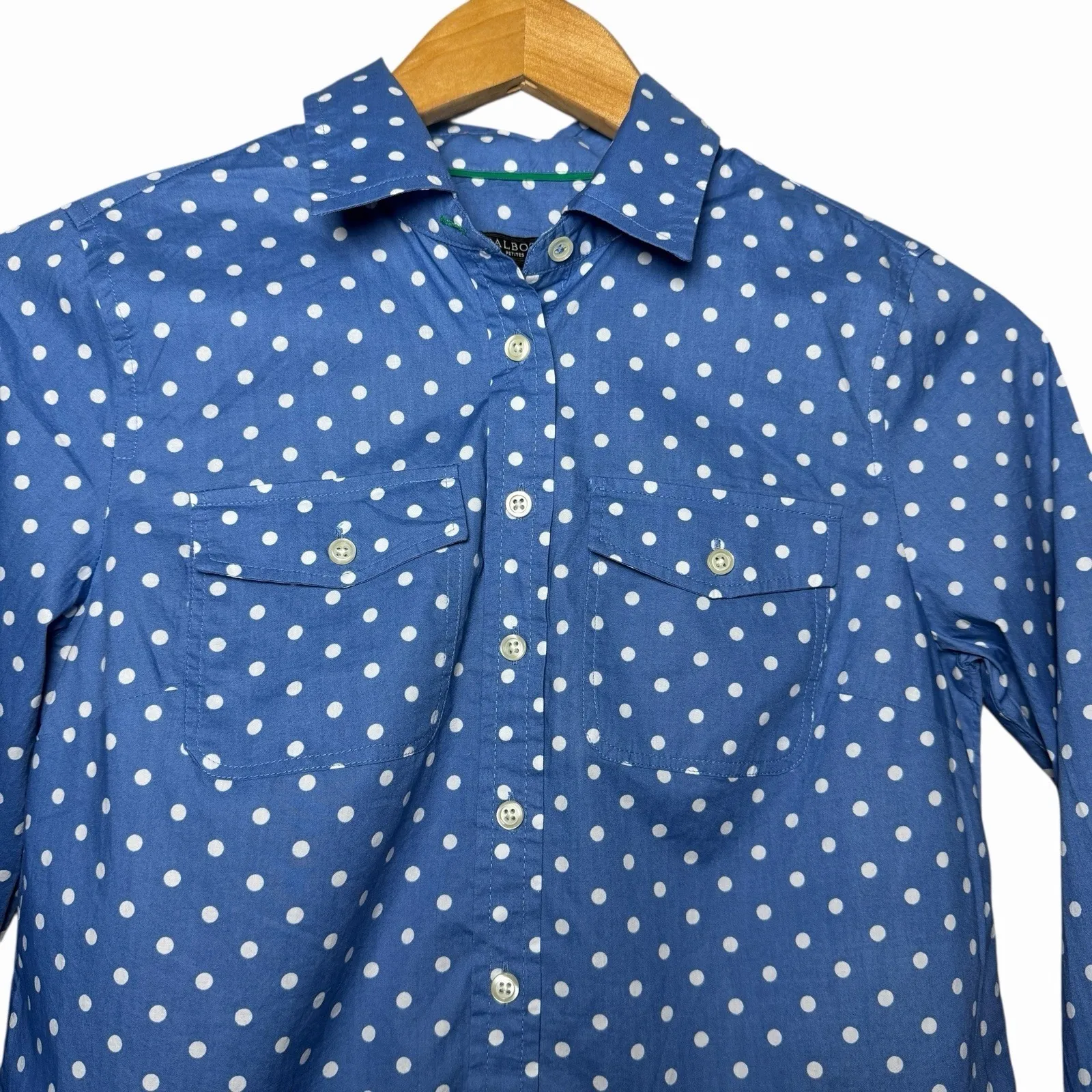 Talbots Womens Small Petite Blue White Polka Dot Top 100% Cotton Classic Preppy - Image 4