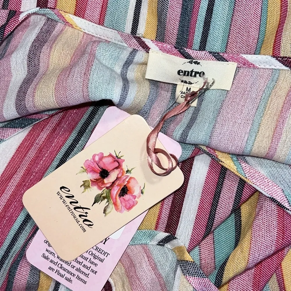 ENTRO size medium women’s striped v-neck tunic tie from bell sleeve pulllver top - Image 9