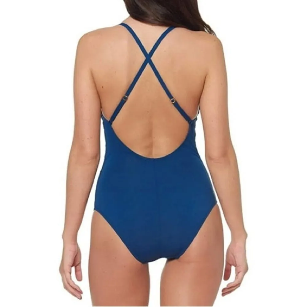 Bleu Rod Beattie Mesh-Trimmed Cross-Back One-Piece Swimsuit Marine Blue Size 10 - Image 4