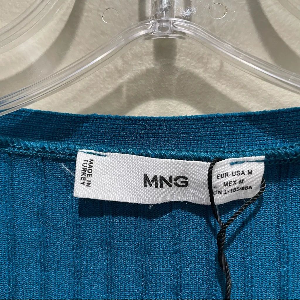 MNG Mango Puff Sleeve Ribbed Knit Top Teal Blue Women’s Size Medium NWT Green - Image 8