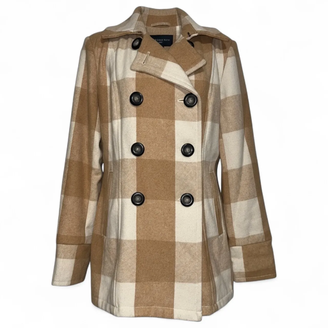 Bob Timberlake Plaid Wool Blend‎ Pea Coat Women's Medium Tan Beige Jacket - Image 3