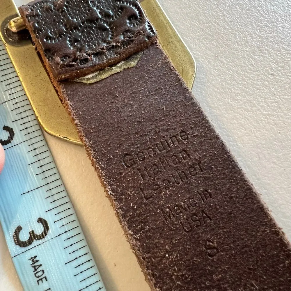 Brown Genuine Italian Leather Embossed USA Brass Sparkle Buckle Belt Size S/M Size M - Image 7