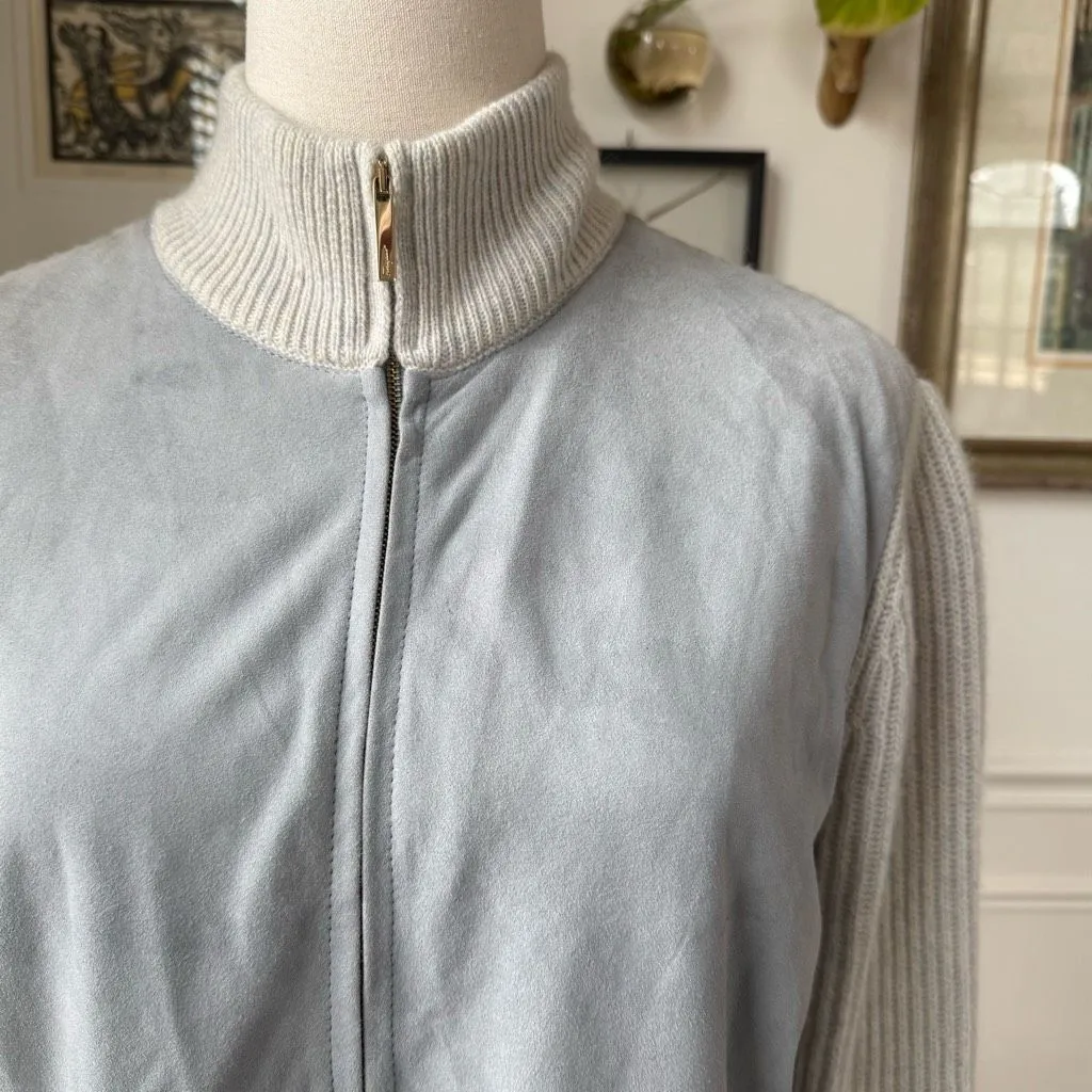 Salvatore Ferragamo Wool Cashmere and Sueded Leather Full Zip Cardigan Jacket Li - Image 4