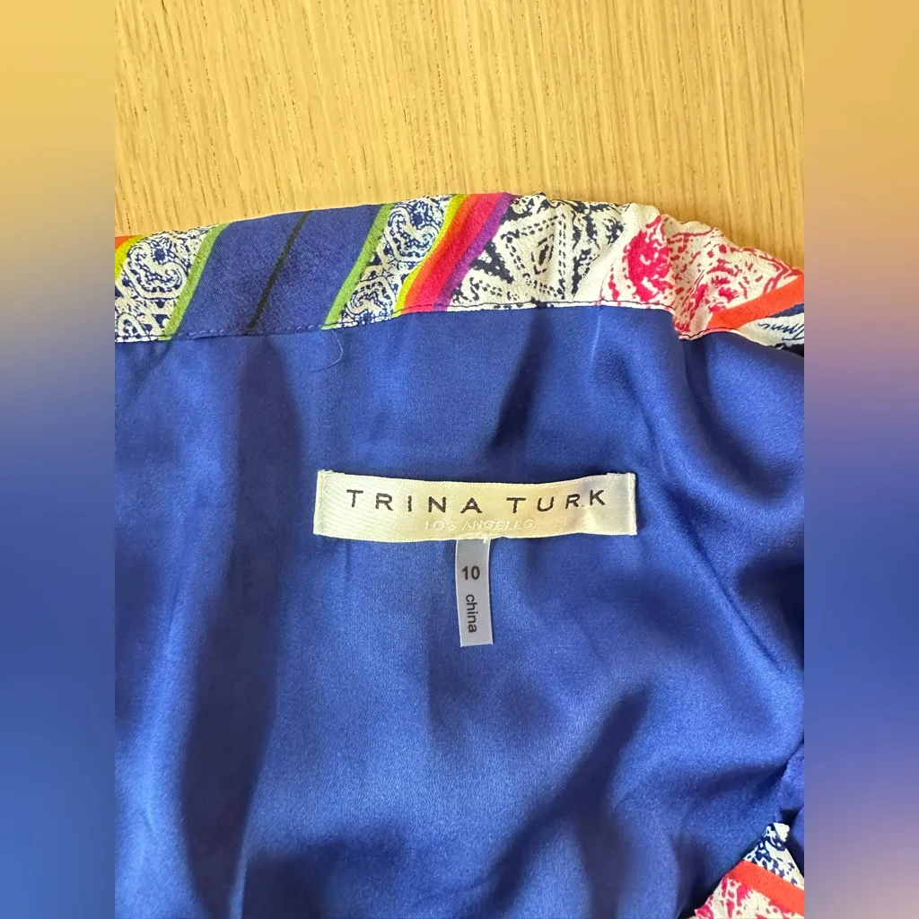 Trina Turk Colorful Satin Sleeveless Mini-Dress, Tile Blue size 10 2006 - Image 6