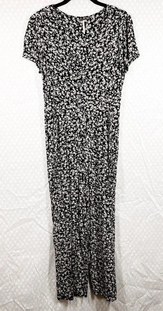 Free People Black White‎ Floral Tie Waist Button Jumpsuit - Image 1