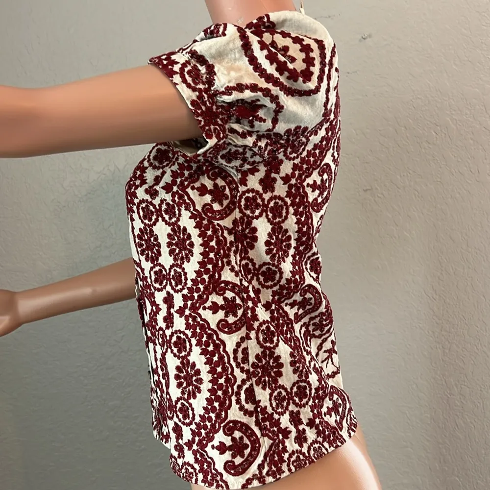 SEZANE BURGUNDY Embroidered Buttons DOWN Shirt PUFFED Sleeve TOP Sz 36 LULA #181 - Image 6