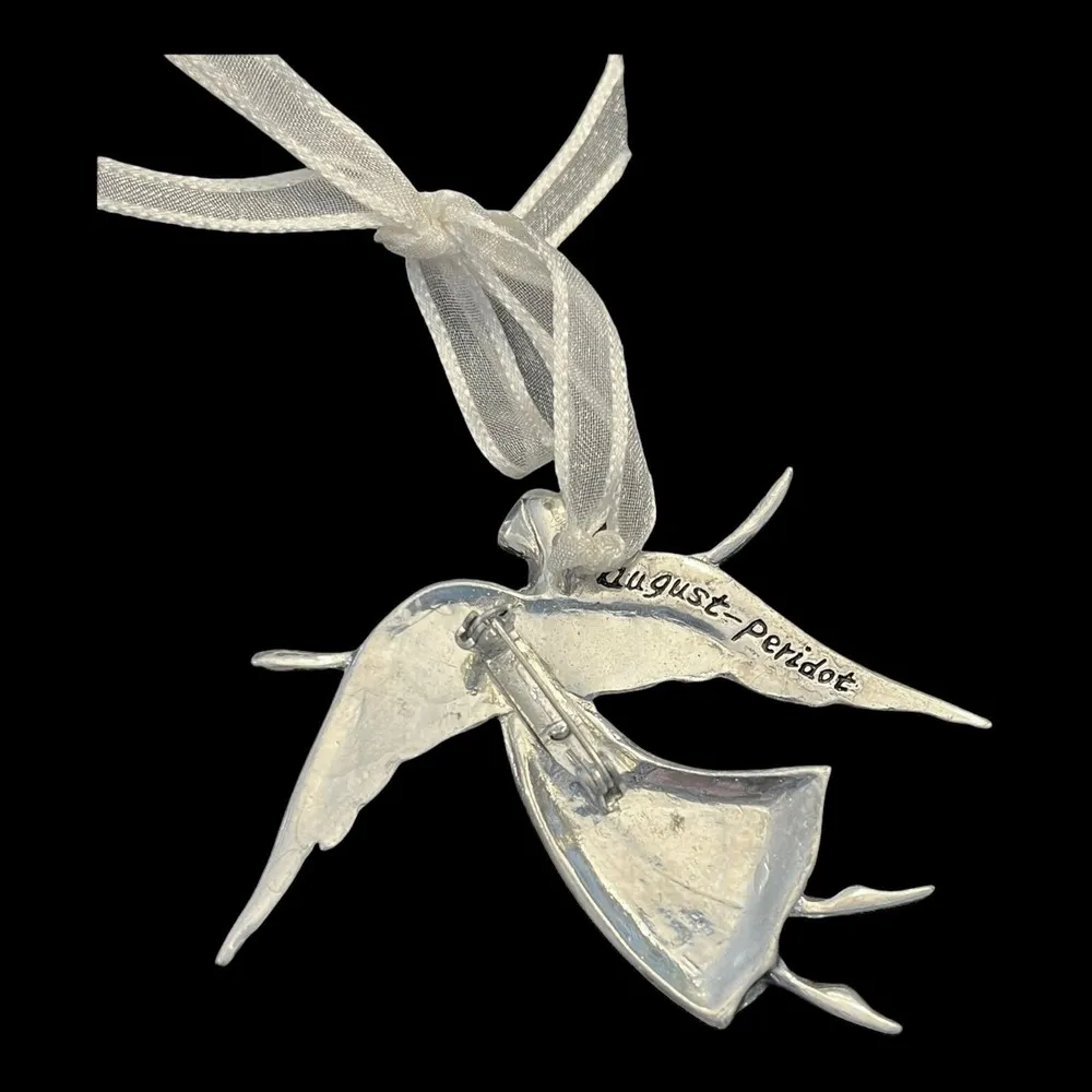 Birthstone Pewter Angel BROOCH PIN Ornament 3" Pendant August Peridot Crystal! - Image 6