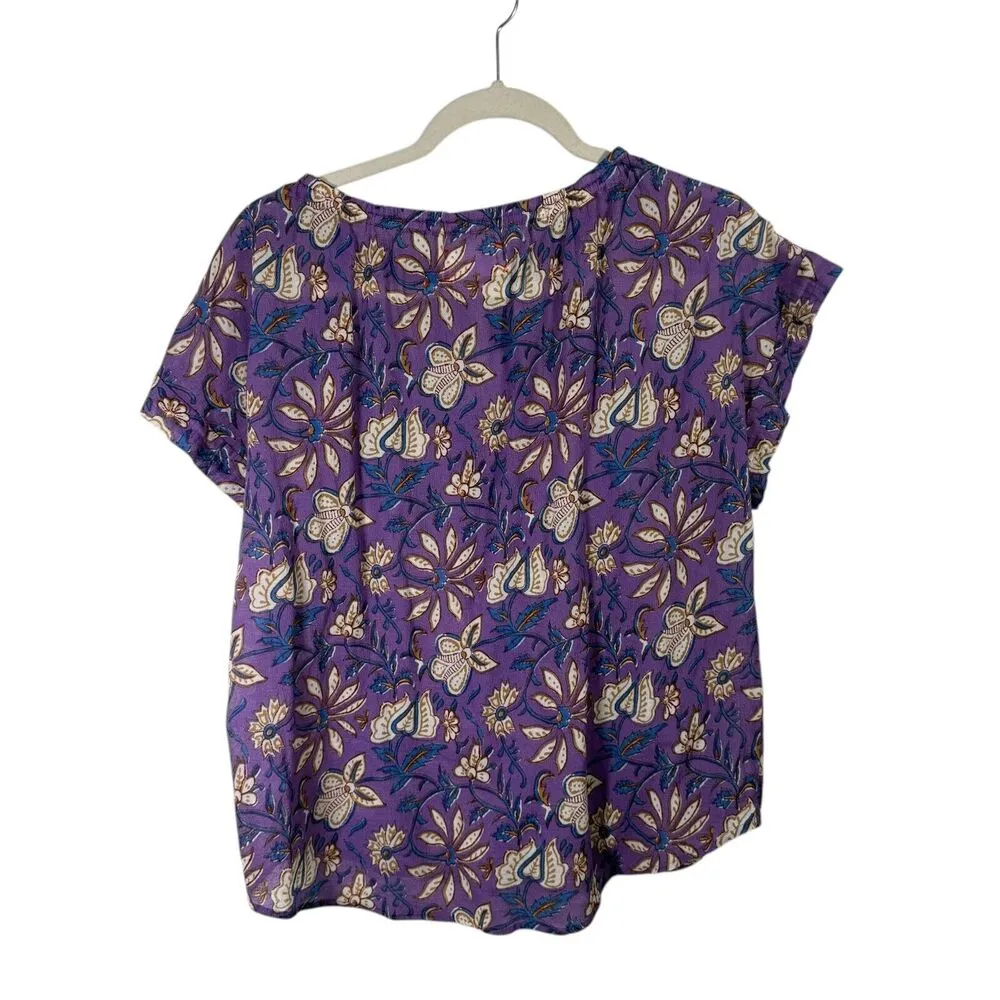 Xirena Tessa 100% Cotton Purple Floral Short Sleeve Blouse Preppy Womens Small - Image 7