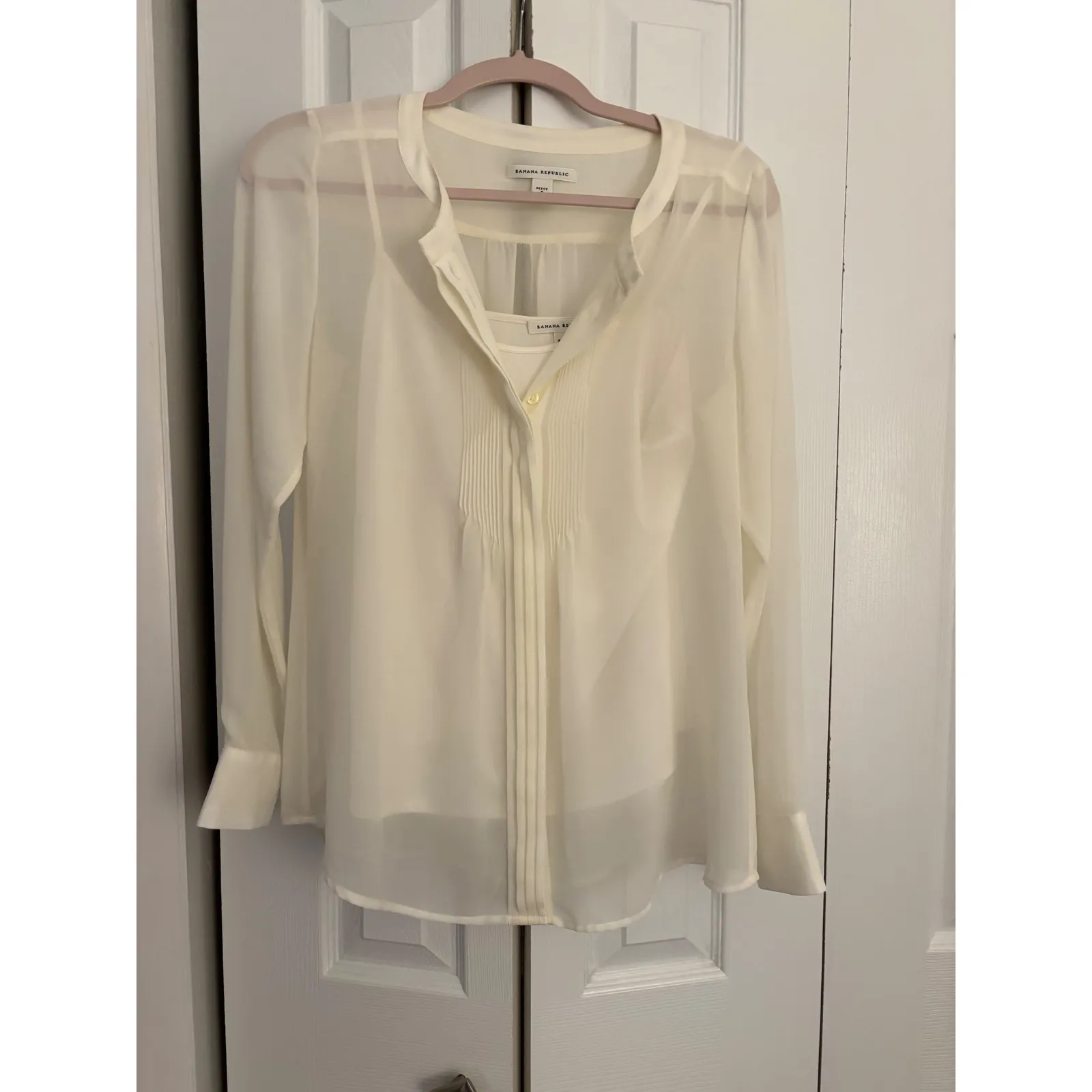 Banana Republic 2-Piece Ivory Blouse & Tank Cami SET Petite Small Sheer Pleat - Image 5