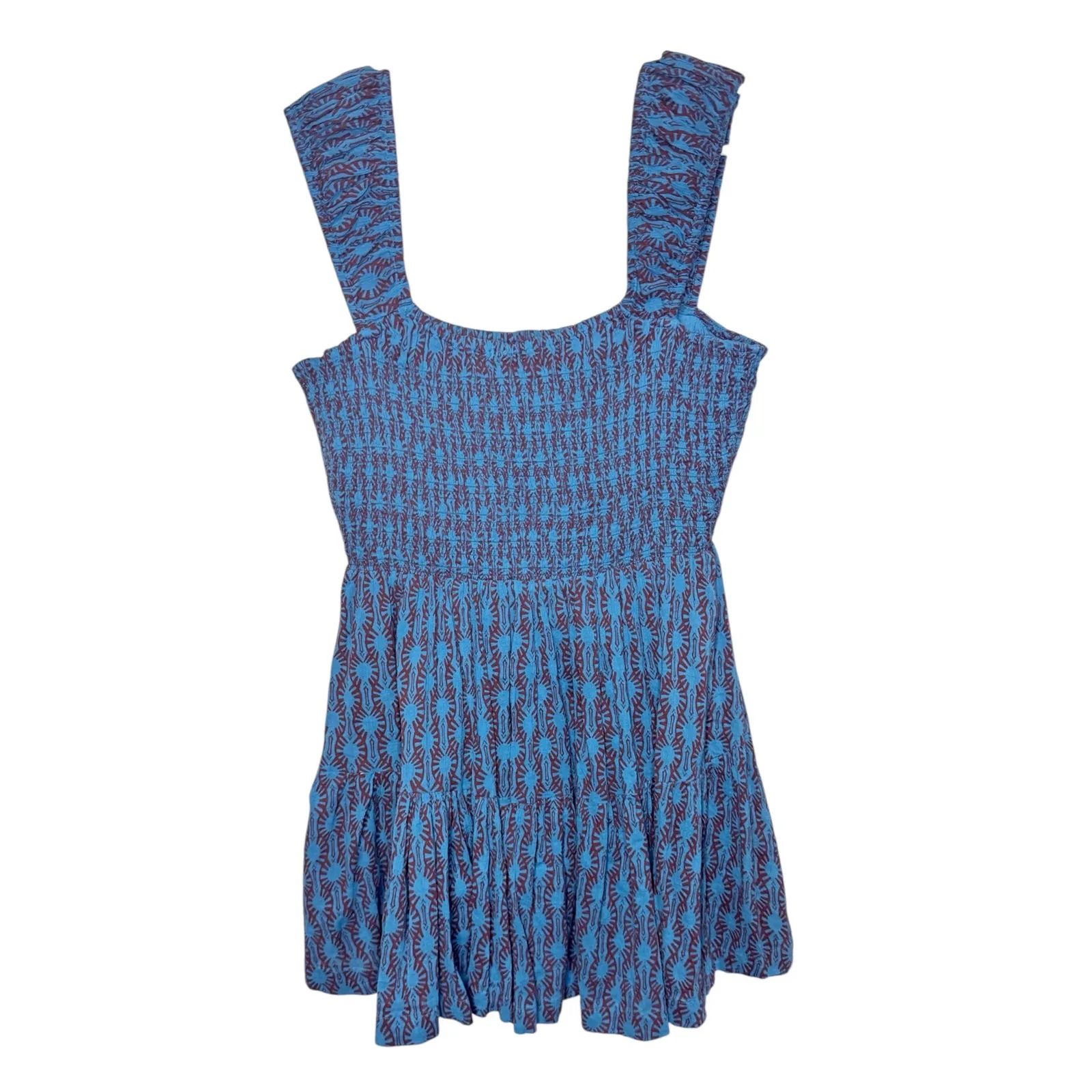 Free People Sweet Annie Mini Dress Blue Print Smocked Tiered Square Neck Womens - Image 3