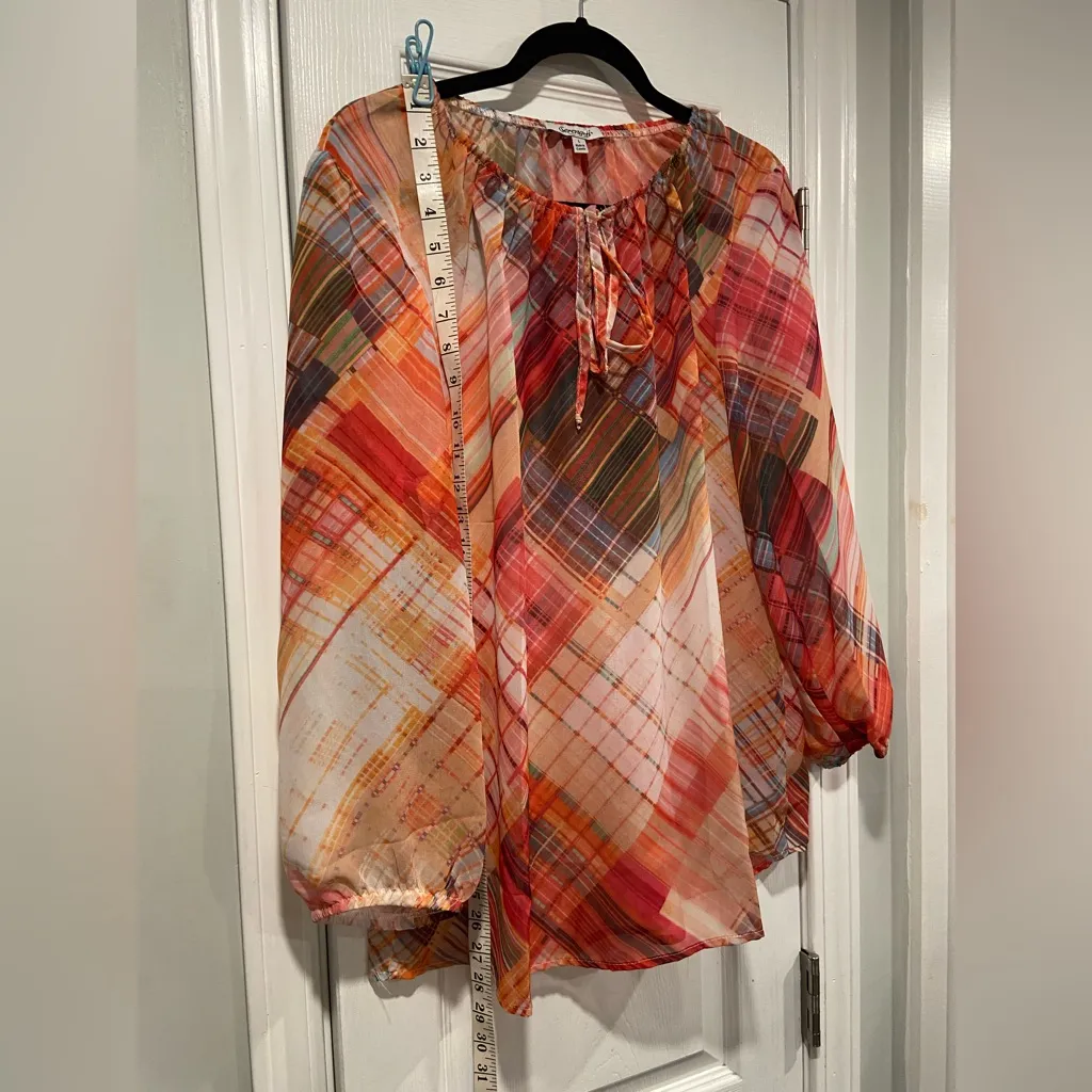 NWOT Serengeti Size L Colorful Sheer Mixed Plaid Long Sleeve Flowy Peasant Top Blue Size L - Image 9
