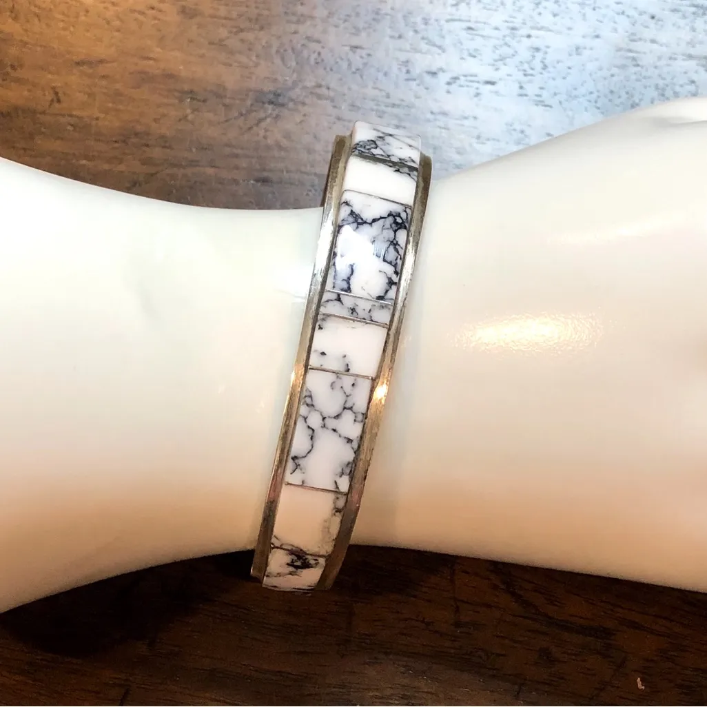 WHITE BUFFALO Sterling Silver Mosaic Inlay Navajo Native American Tapered Cuff - Image 2