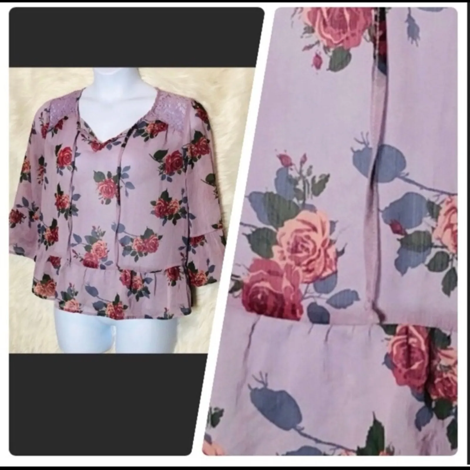 Self Esteem Y2K Floral Peplum Hem Bell Sleeve Blouse – Medium, Lace Detail - Image 3