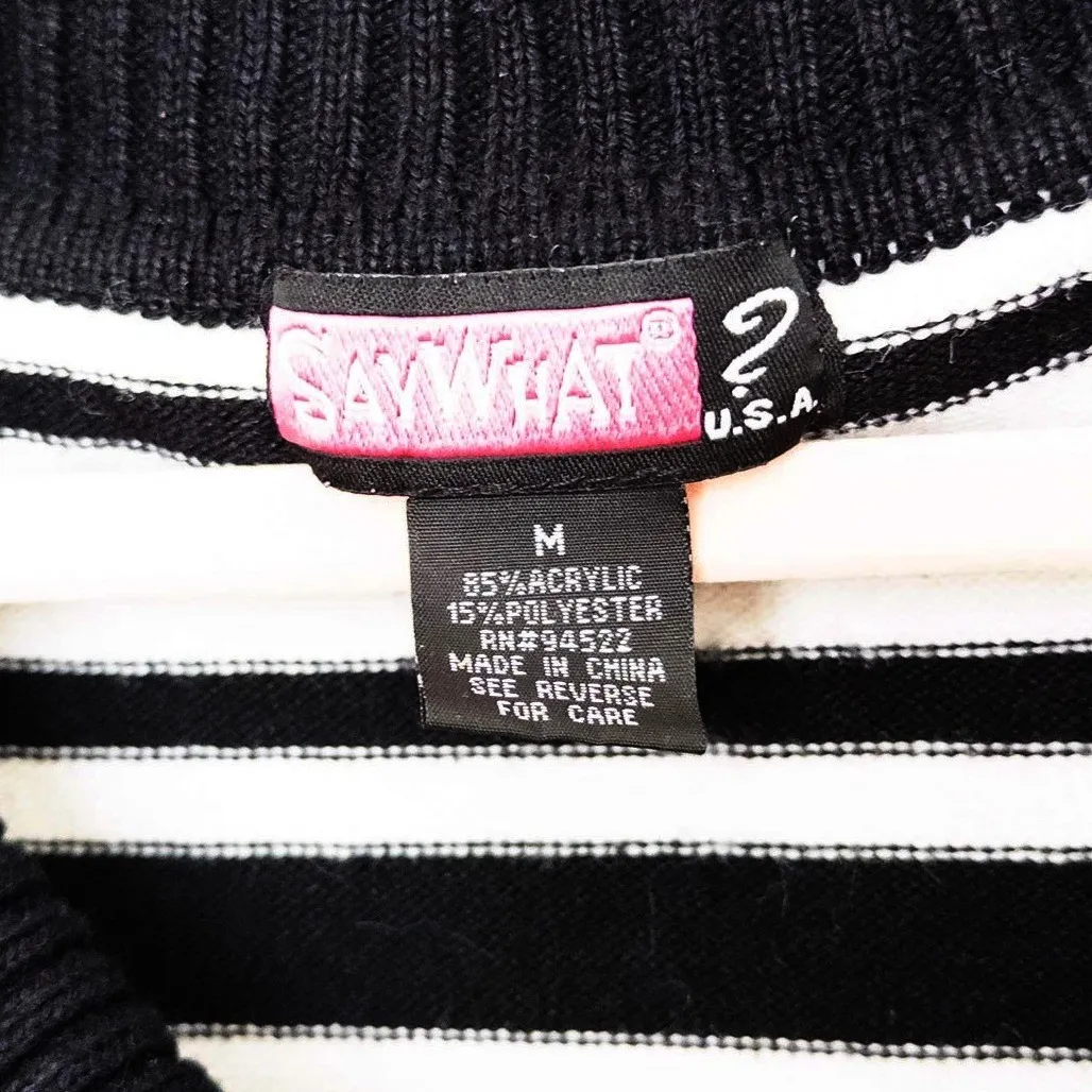VTG Y2K Say What Womens Sweater Size M Black White Striped Preppy 2000s Cozy - Image 4