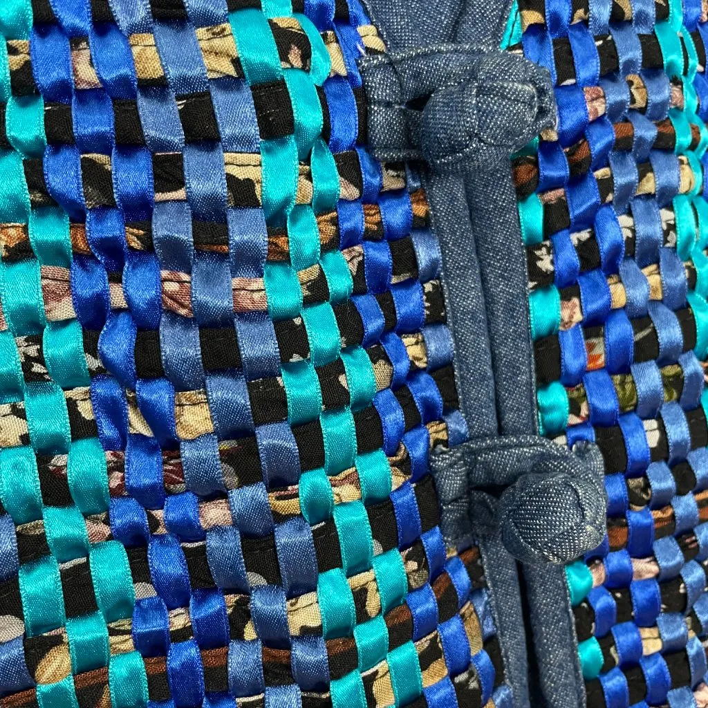 Vintage Vest Woven Ribbon Front Women Sz Small Blue Chambray Artsy Bold Creative - Image 9