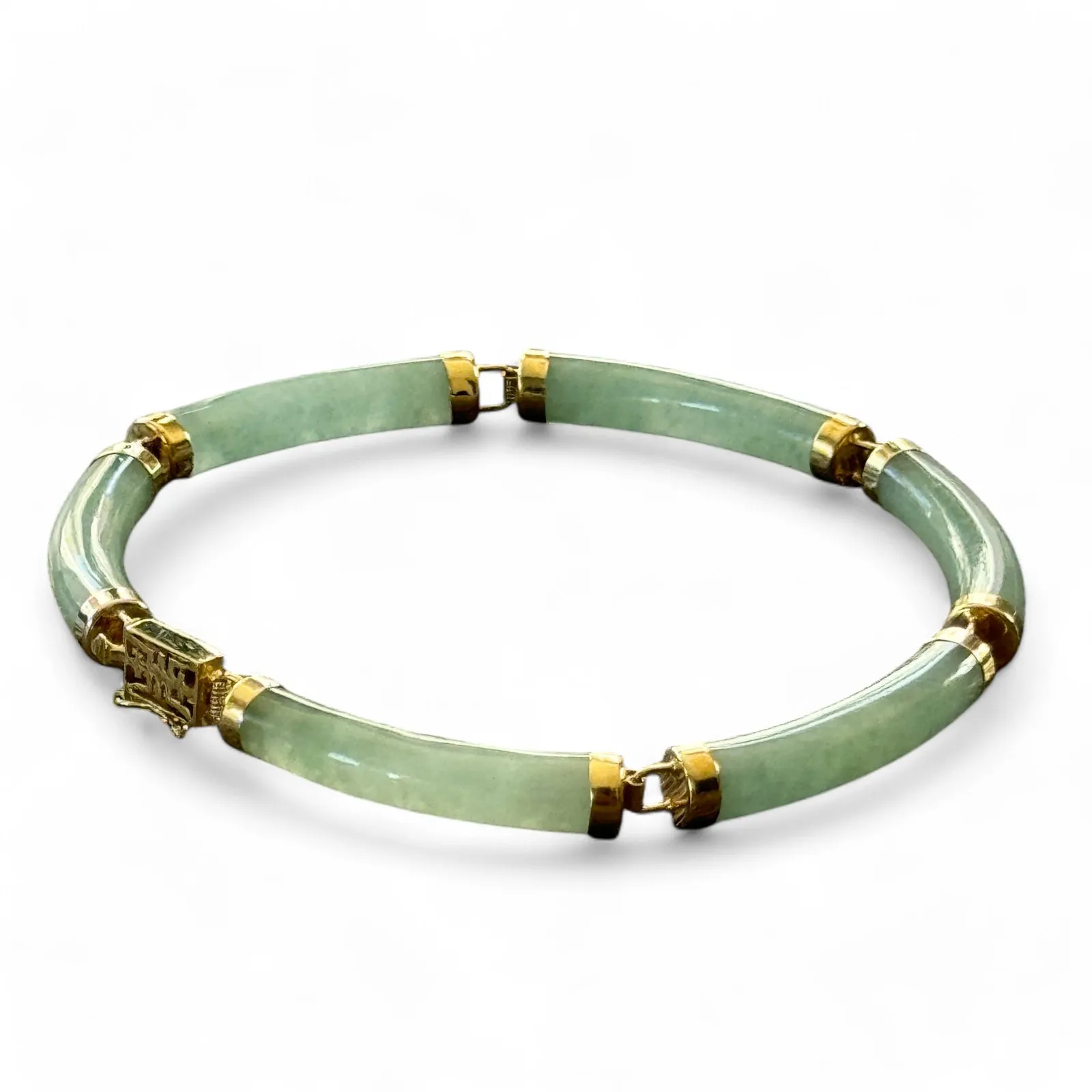 14K Yellow Gold‎ Natural Jadeite Jade Tube Link Bracelet Gold - Image 5