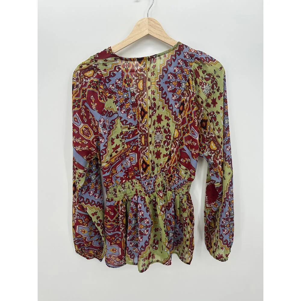 Cato Collection Womens Boho Babydoll Top Y2K Size Medium Festival Gypsy Beaded M Green - Image 2