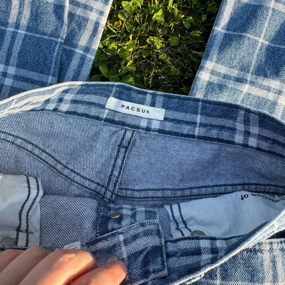 PACSUN Dad Jeans SZ 27 Womens High Rise Straight Plaid Button Fly Blue Raw Hem - Image 5