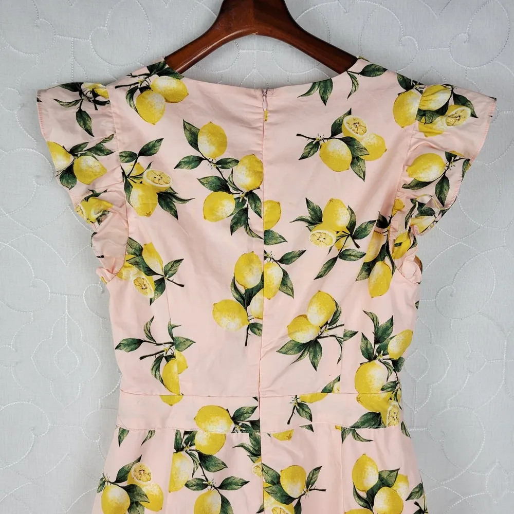 Moodie Womens Jumpsuit Medium Pink Lemon Print Cut Out Bow Tie Flutter Sleeve - Image 11